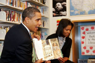 The Obamas reading to the second graders